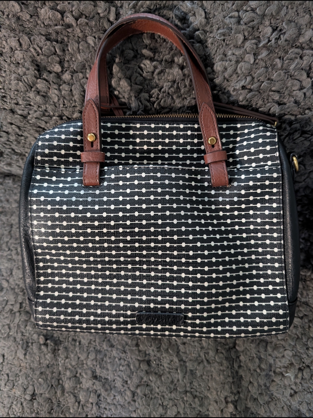Fossil Rachel Satchel Black and White Patterned with Brown Handles